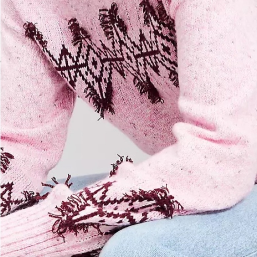 LOFT Fringe Fair Isle Pink and Black Patterned Crew Neck Sweater, M - Picture 2 of 5